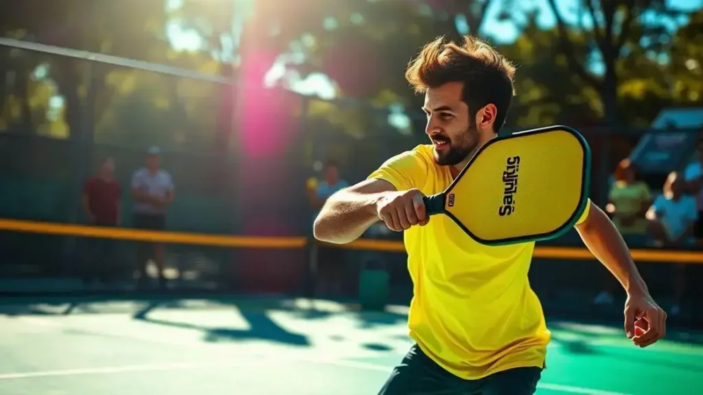 Jogador de pickleball em ação, destacando a importância do desempenho.